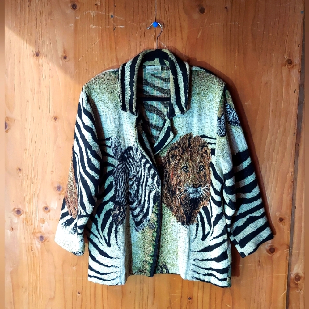 Paco Soler Vintage Safari Animal Jungle Neutral Tone Tapestry Knit Jacket